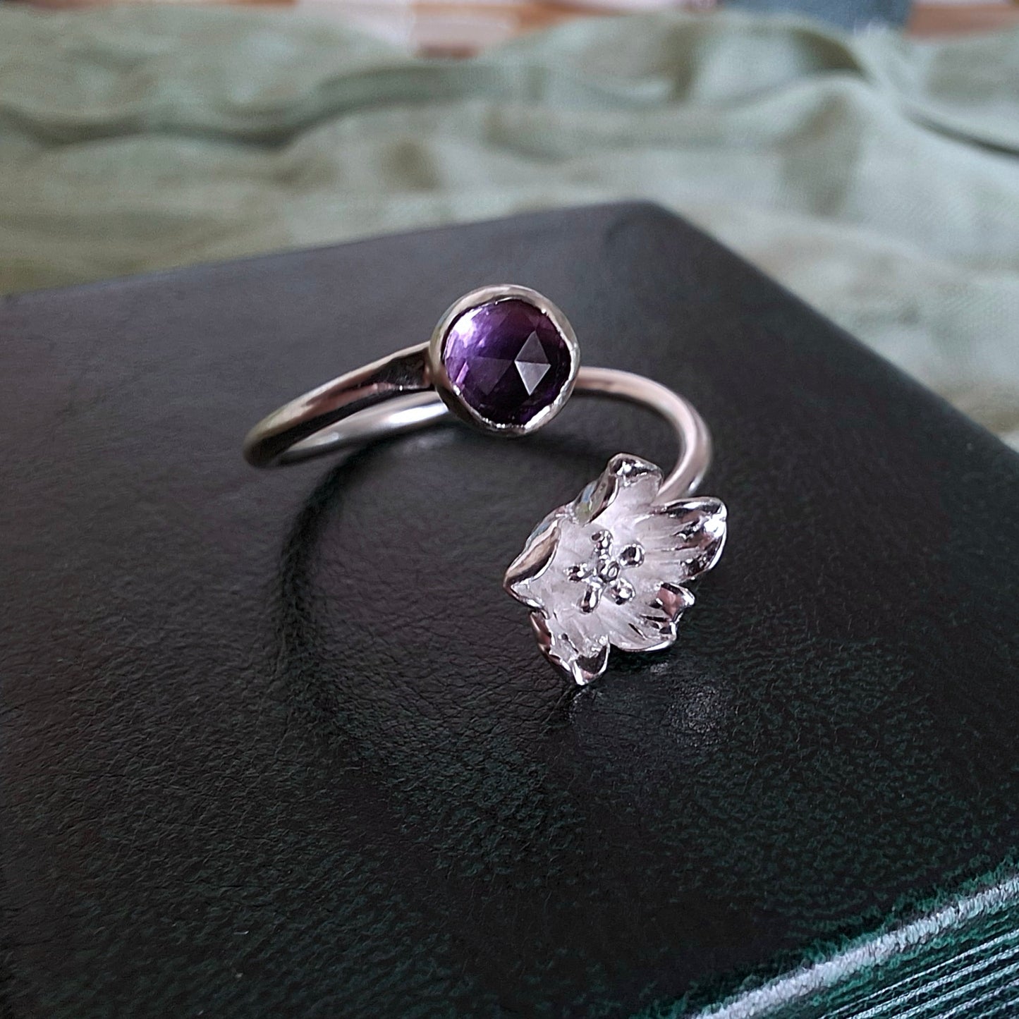 Delicate Handmade Flower Ring with Amethyst, Open Adjustable