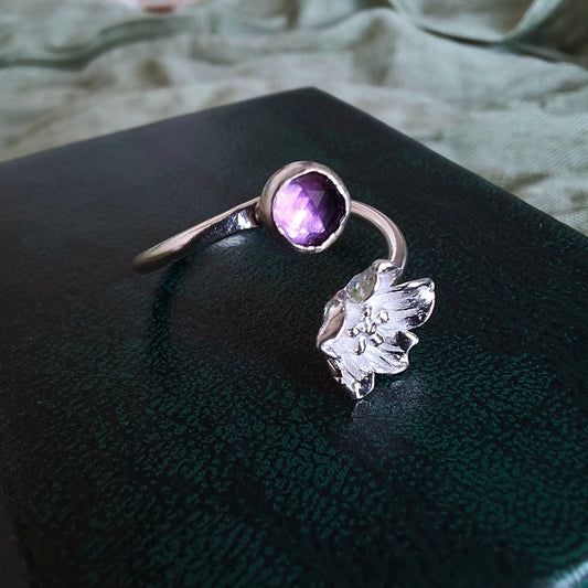 Delicate Handmade Flower Ring with Amethyst, Open Adjustable
