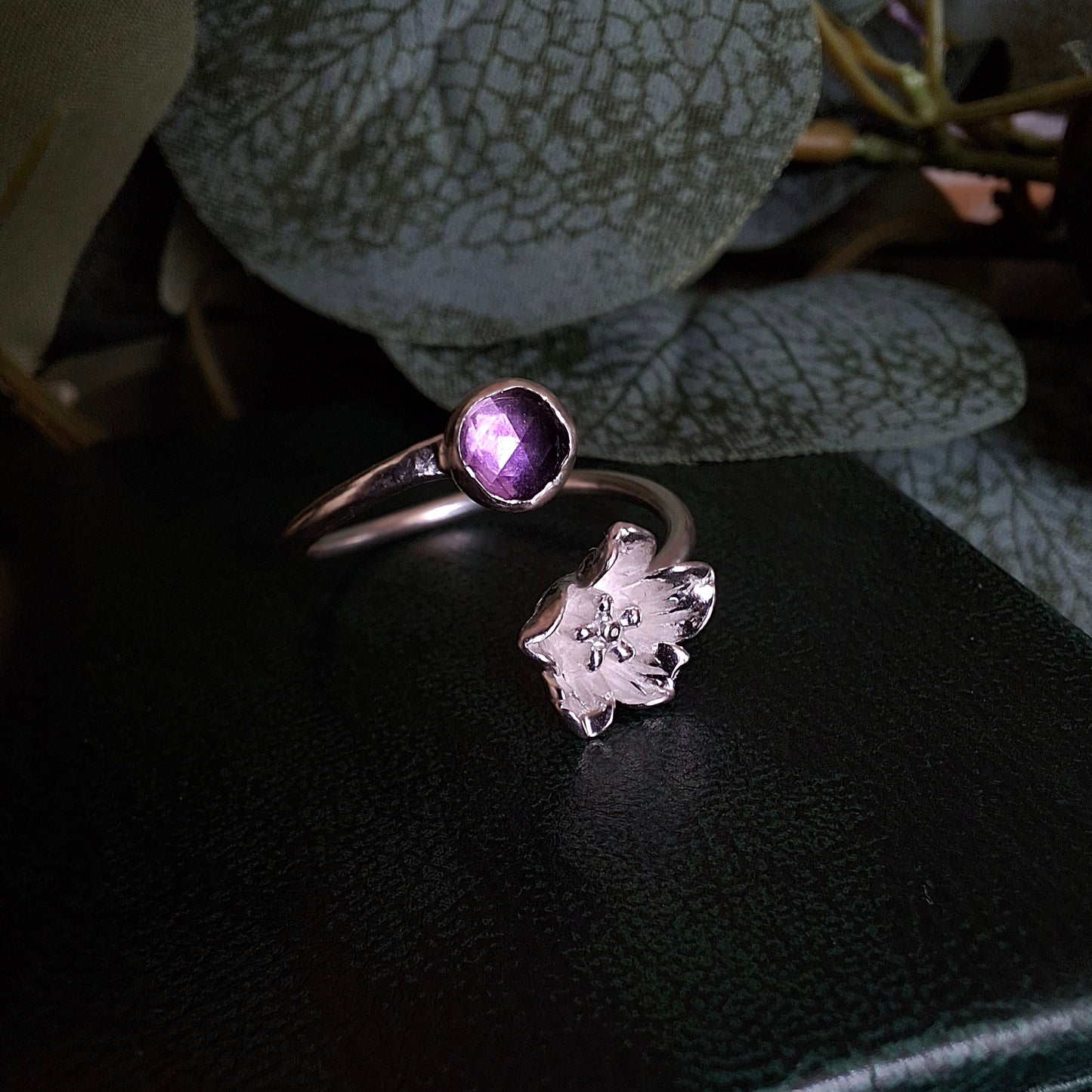 Delicate Handmade Flower Ring with Amethyst, Open Adjustable