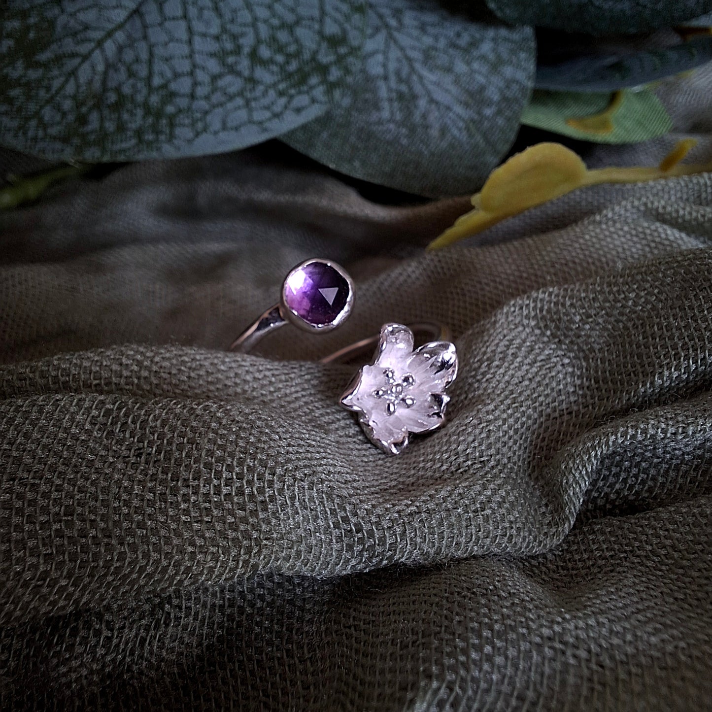 Delicate Handmade Flower Ring with Amethyst, Open Adjustable