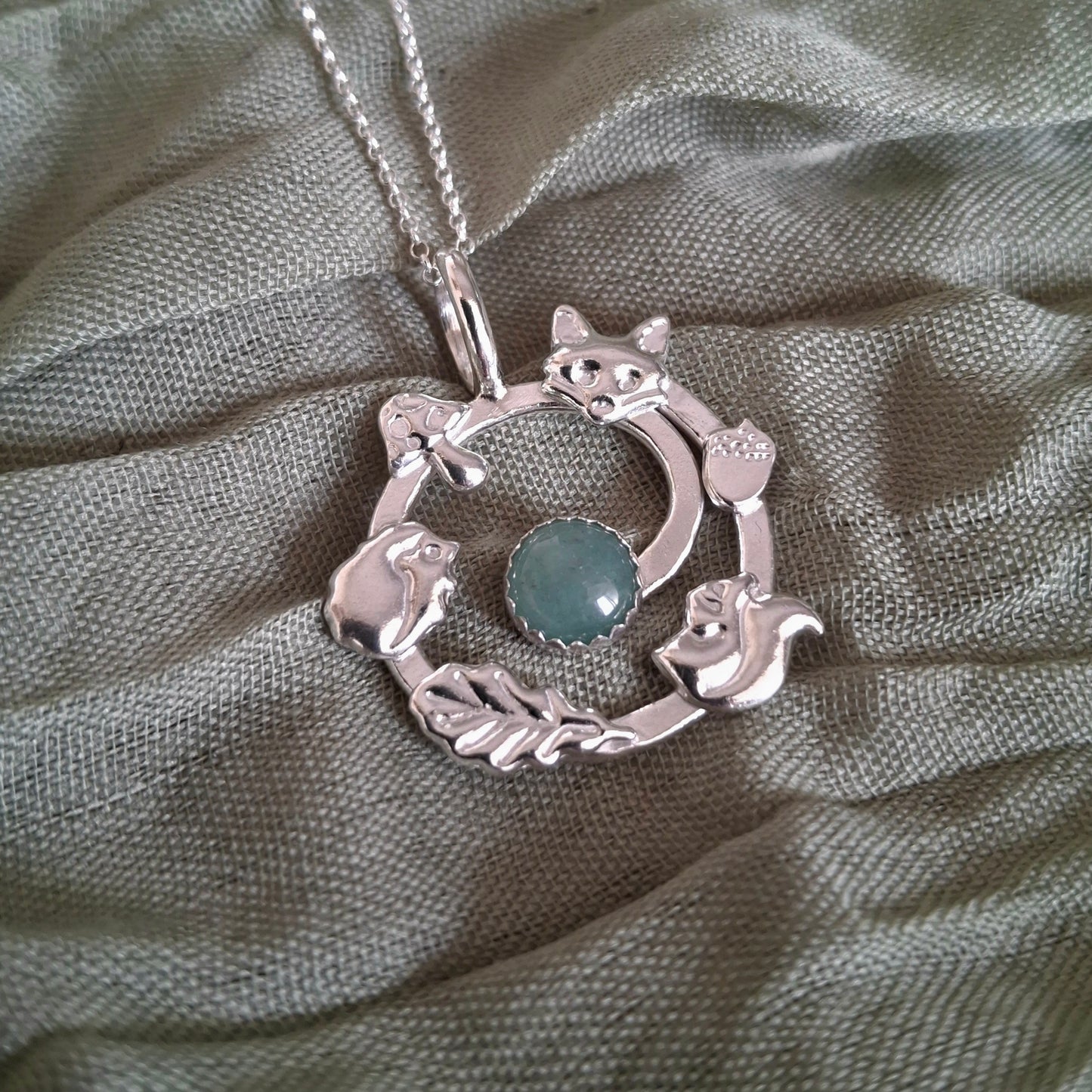 Handmade Forest Wildlife Spiral Silver Necklace with Aventurine