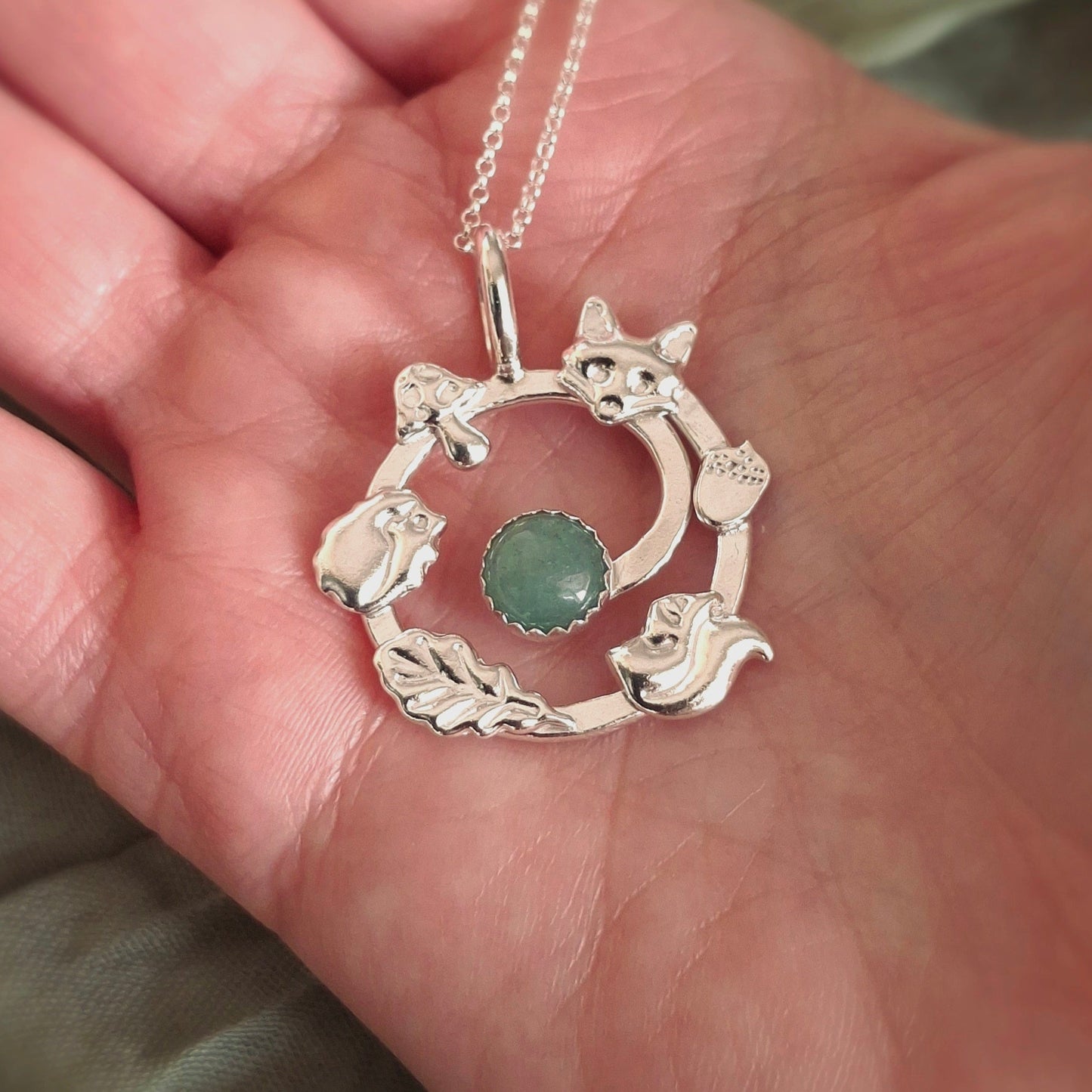 Handmade Forest Wildlife Spiral Silver Necklace with Aventurine