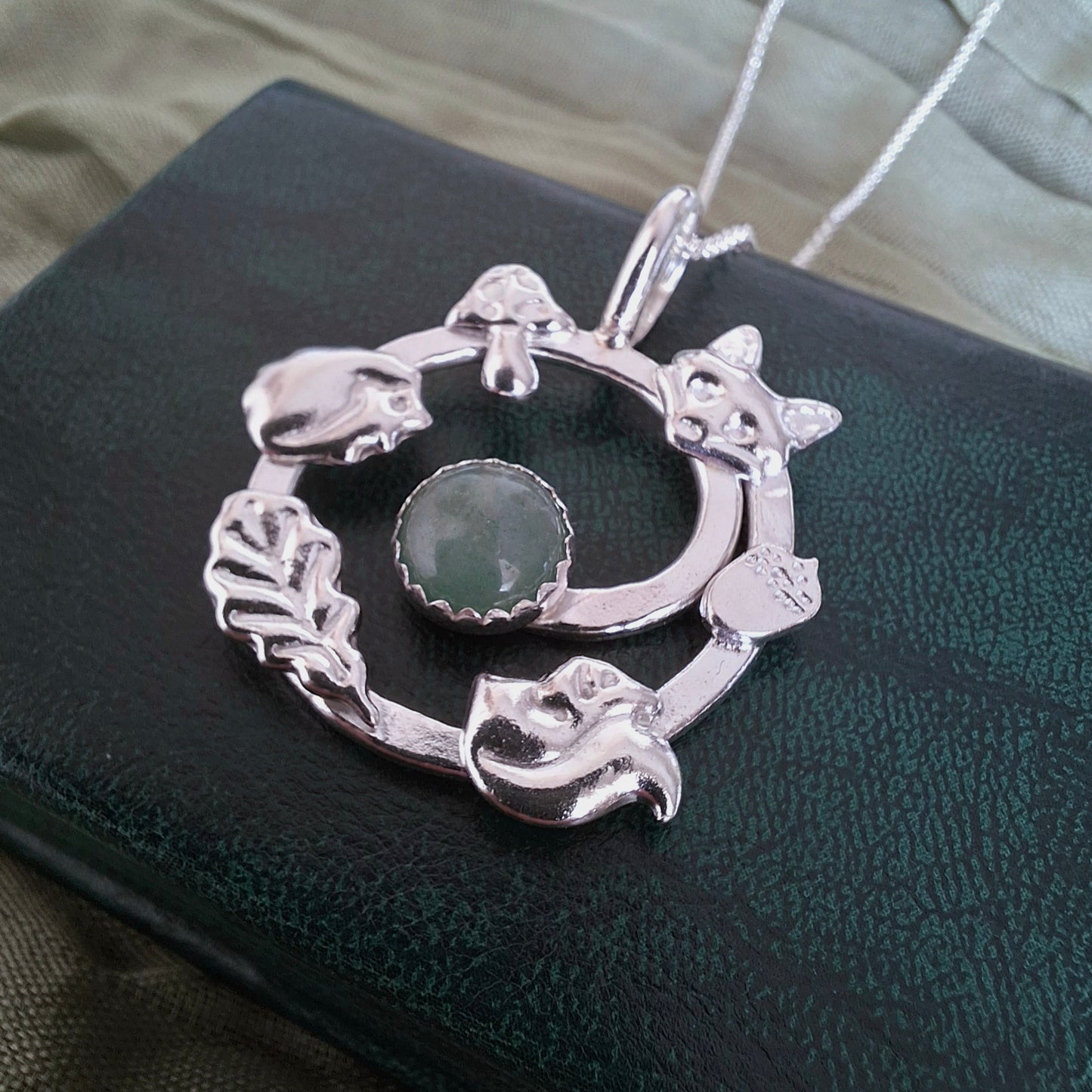 Handmade Forest Wildlife Spiral Silver Necklace with Aventurine