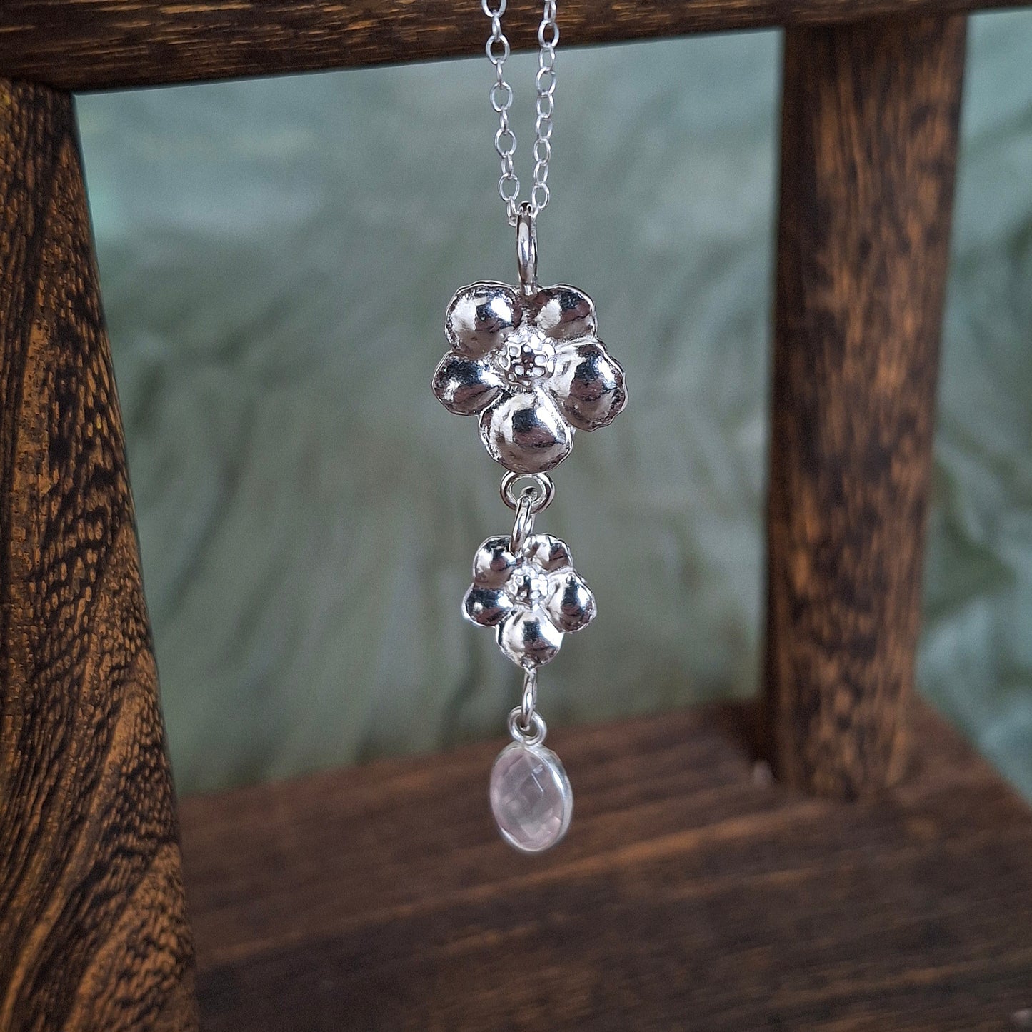 Handmade Rose Quartz Hibiscus Flower Silver Drop Necklace
