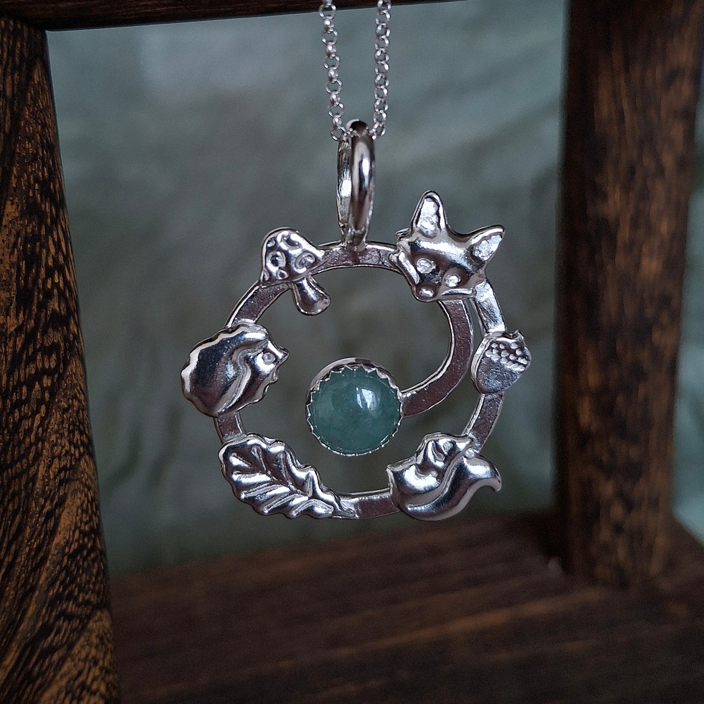 Handmade Forest Wildlife Spiral Silver Necklace with Aventurine