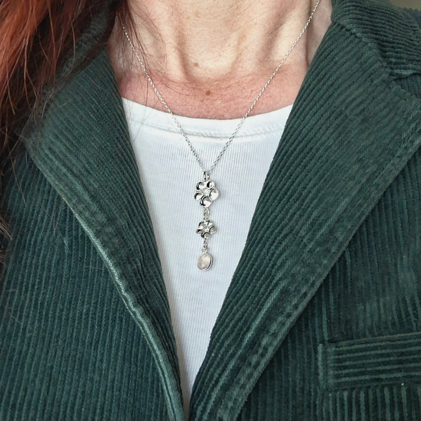 Handmade Rose Quartz Hibiscus Flower Silver Drop Necklace