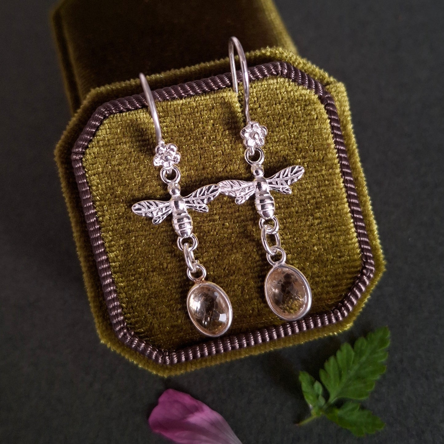 Silver Bee Flower Earrings with Citrine