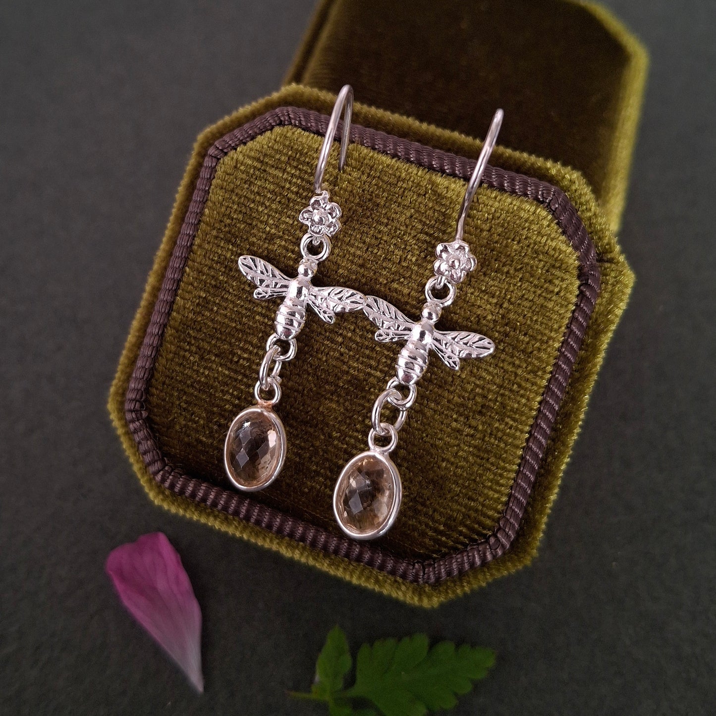 Silver Bee Flower Earrings with Citrine