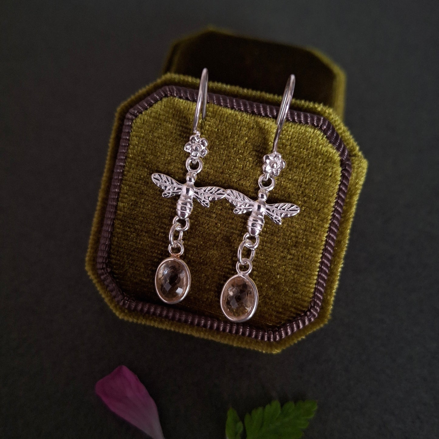 Silver Bee Flower Earrings with Citrine