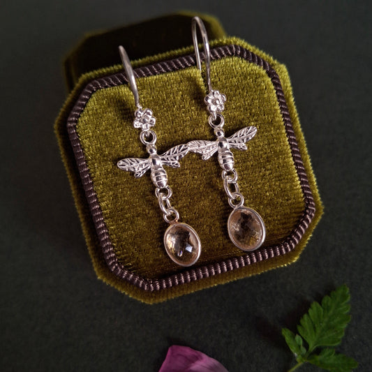 Silver Bee Flower Earrings with Citrine