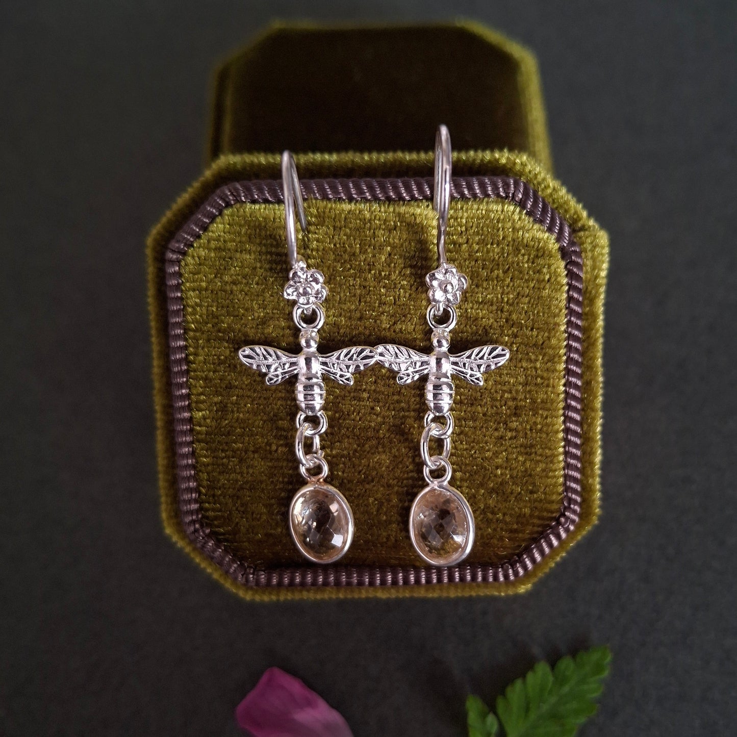 Silver Bee Flower Earrings with Citrine