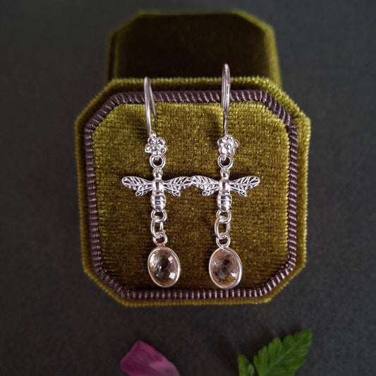 Silver Bee Flower Earrings with Citrine