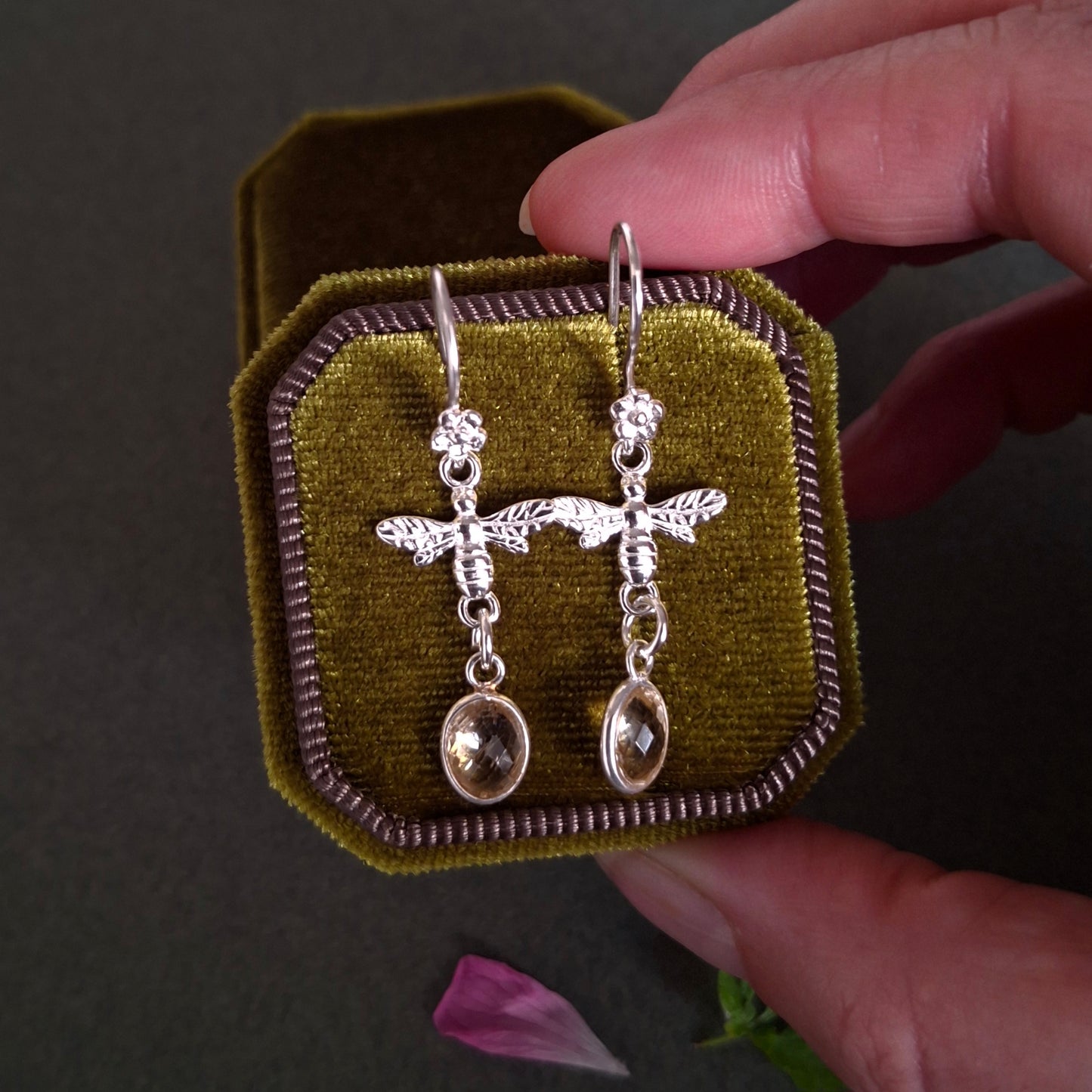 Silver Bee Flower Earrings with Citrine
