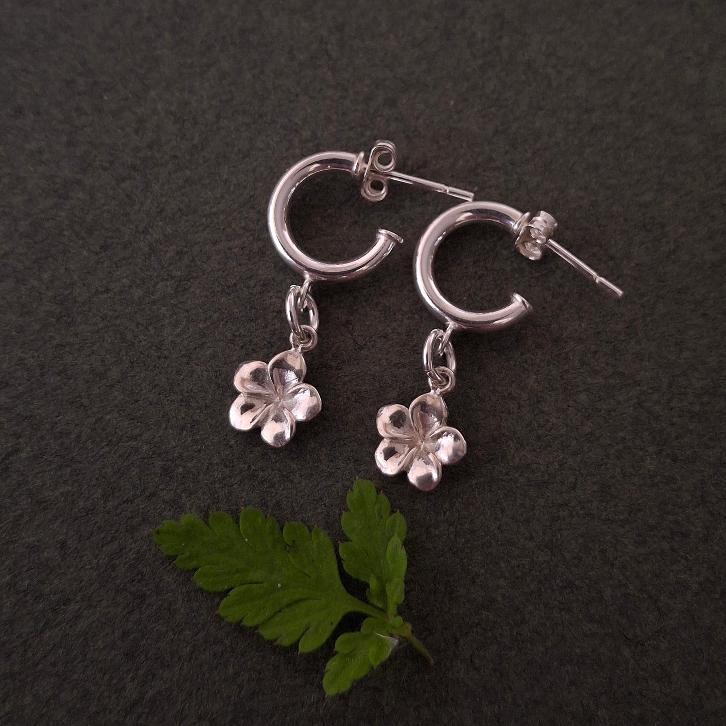 Frangipani Tropical Flower Silver Hoops