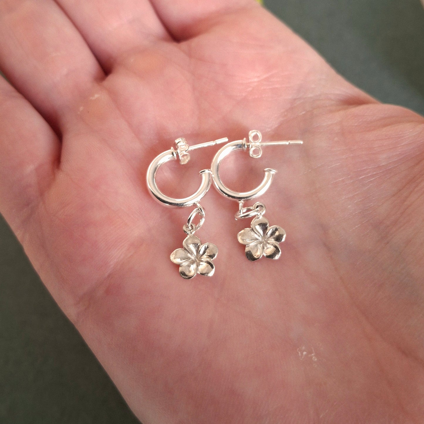 Frangipani Tropical Flower Silver Hoops