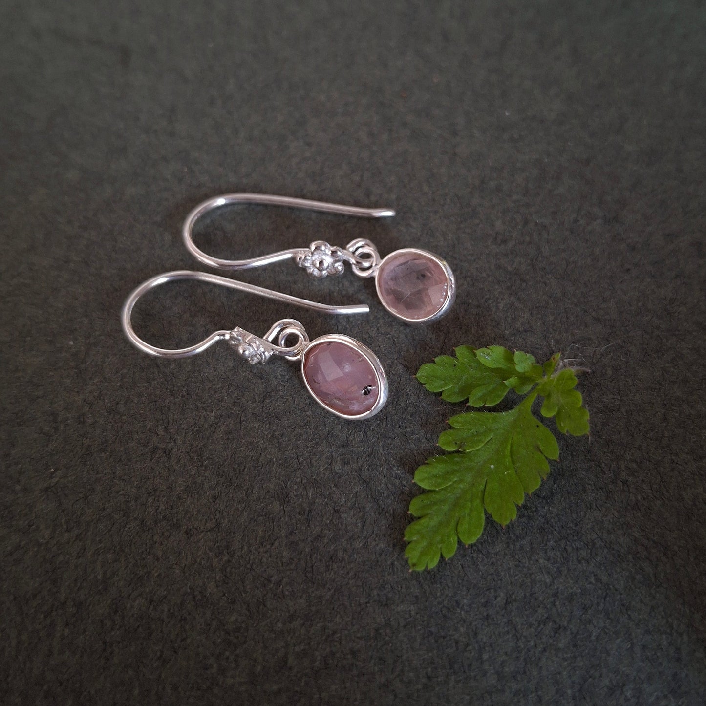 Silver Flower Earrings with Rose Quartz