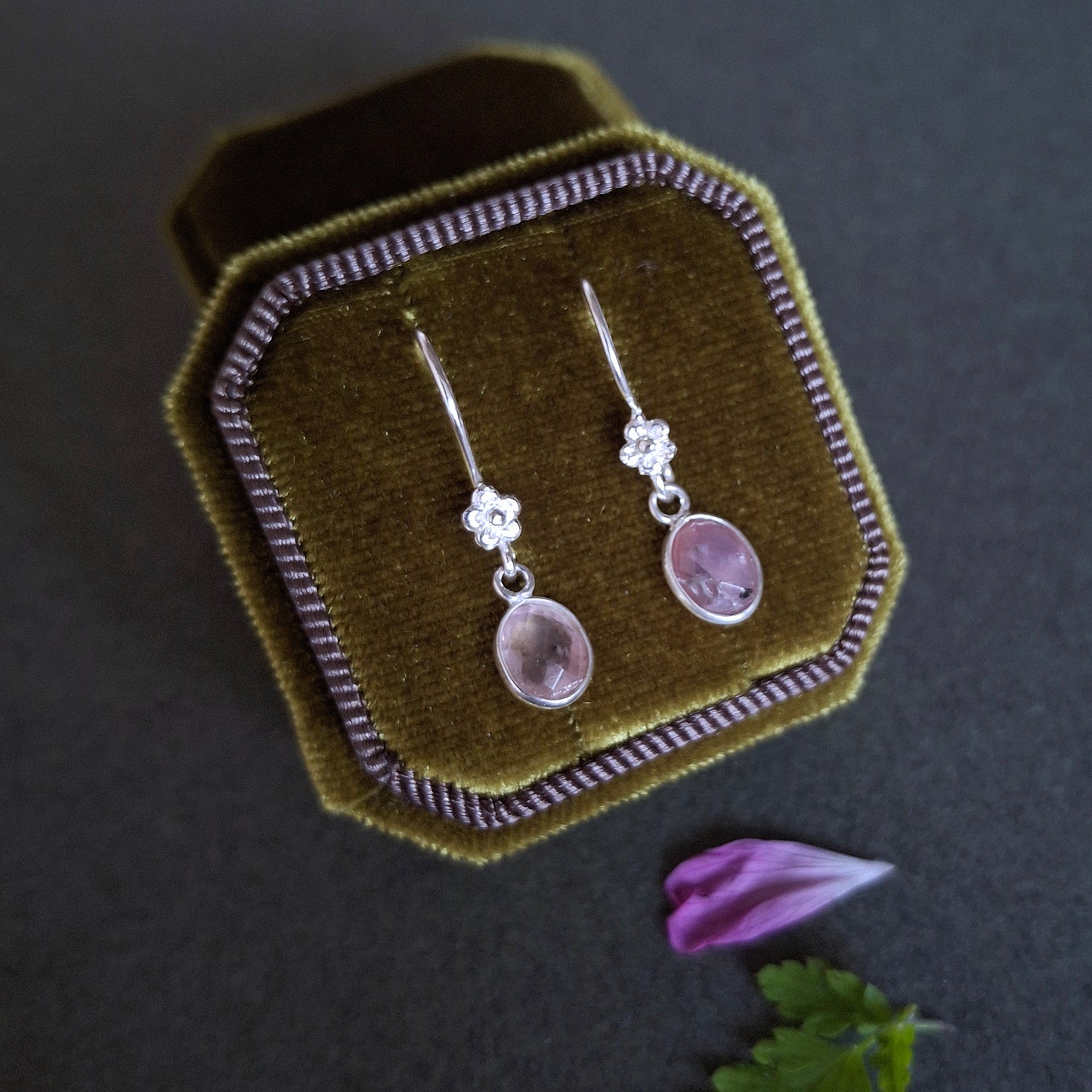 Silver Flower Earrings with Rose Quartz