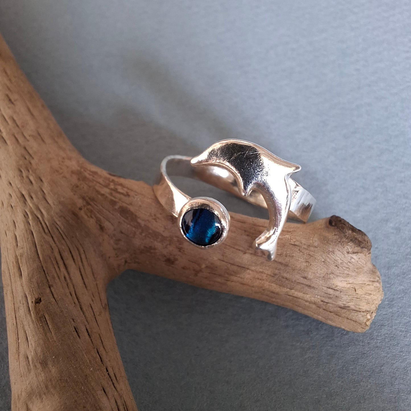 Reserved for Bev - Handmade Seaside Dolphin Silver Ring with Abalone