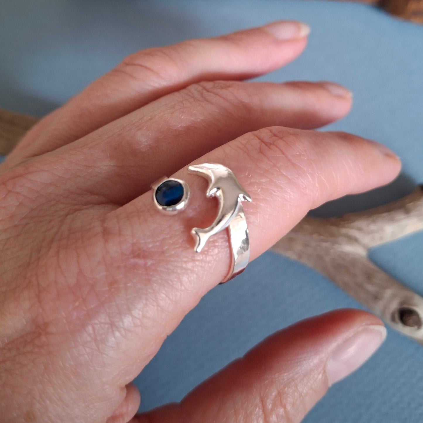 Reserved for Bev - Handmade Seaside Dolphin Silver Ring with Abalone