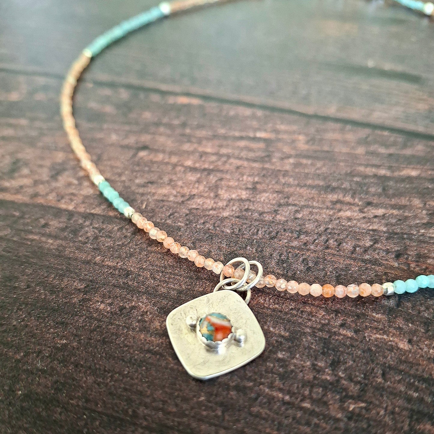 Beaded Sunstone and Amazonite Necklace with Turquoise Silver Pendant
