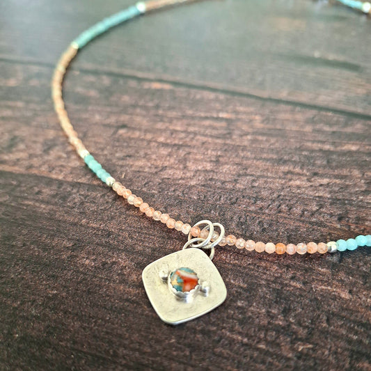 Beaded Sunstone and Amazonite Necklace with Turquoise Silver Pendant