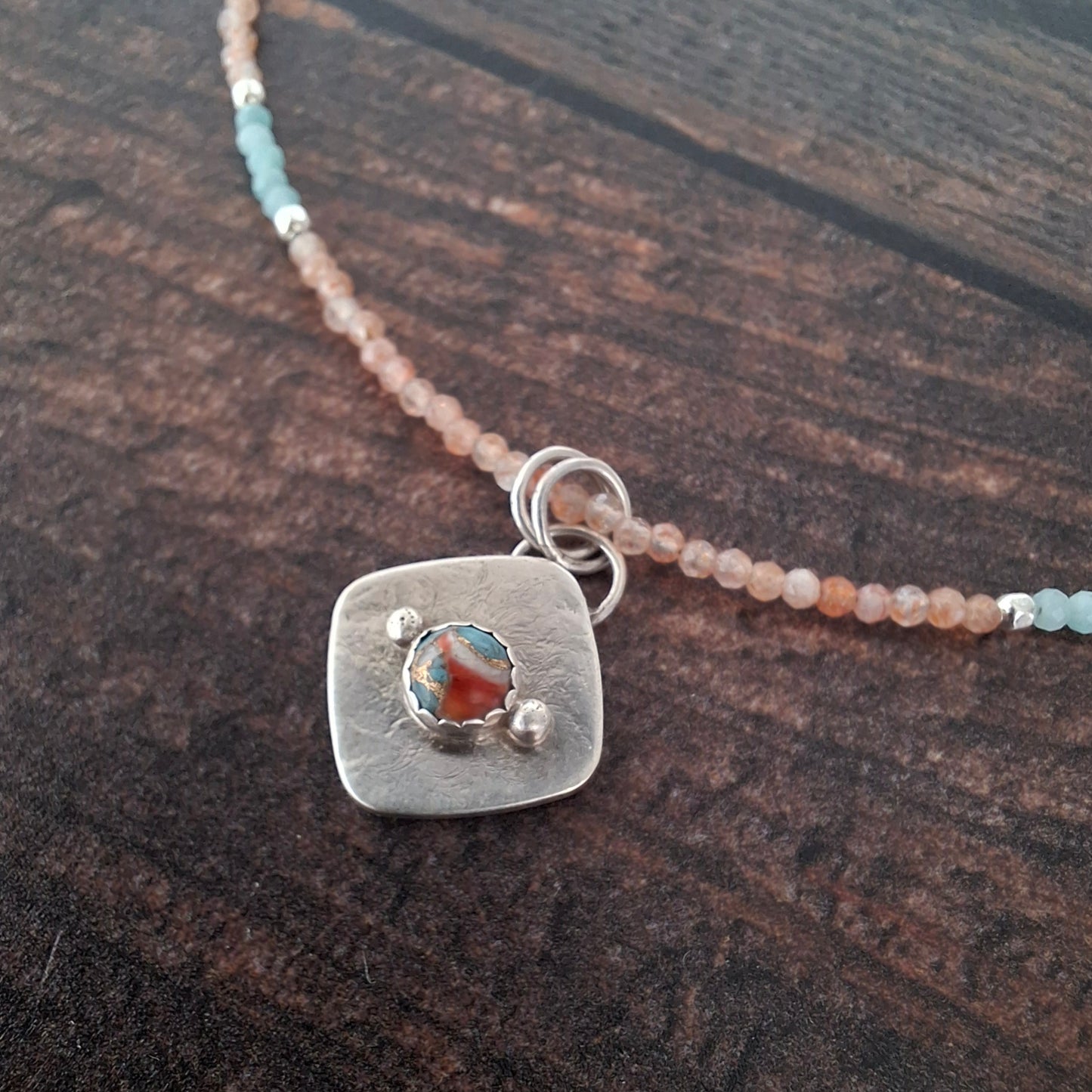 Beaded Sunstone and Amazonite Necklace with Turquoise Silver Pendant