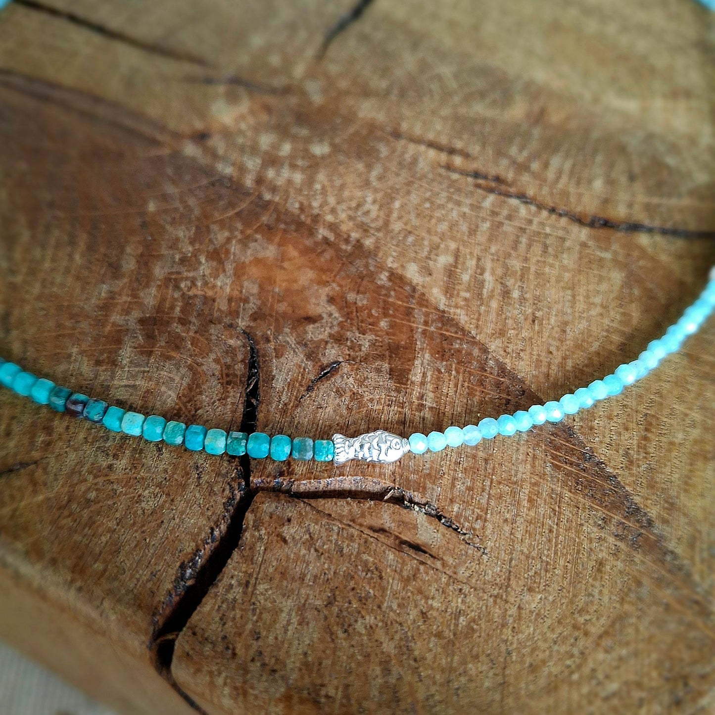 Chrysocolla and Amazonite Necklace with Silver Fish
