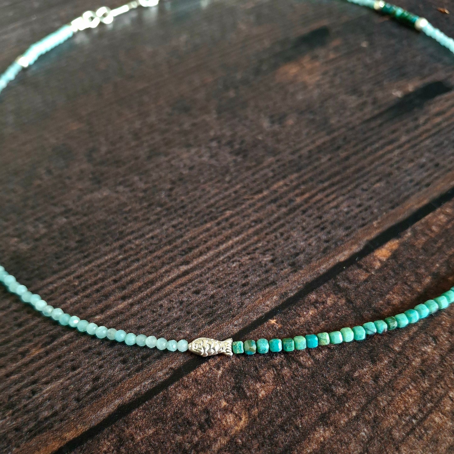 Chrysocolla and Amazonite Necklace with Silver Fish