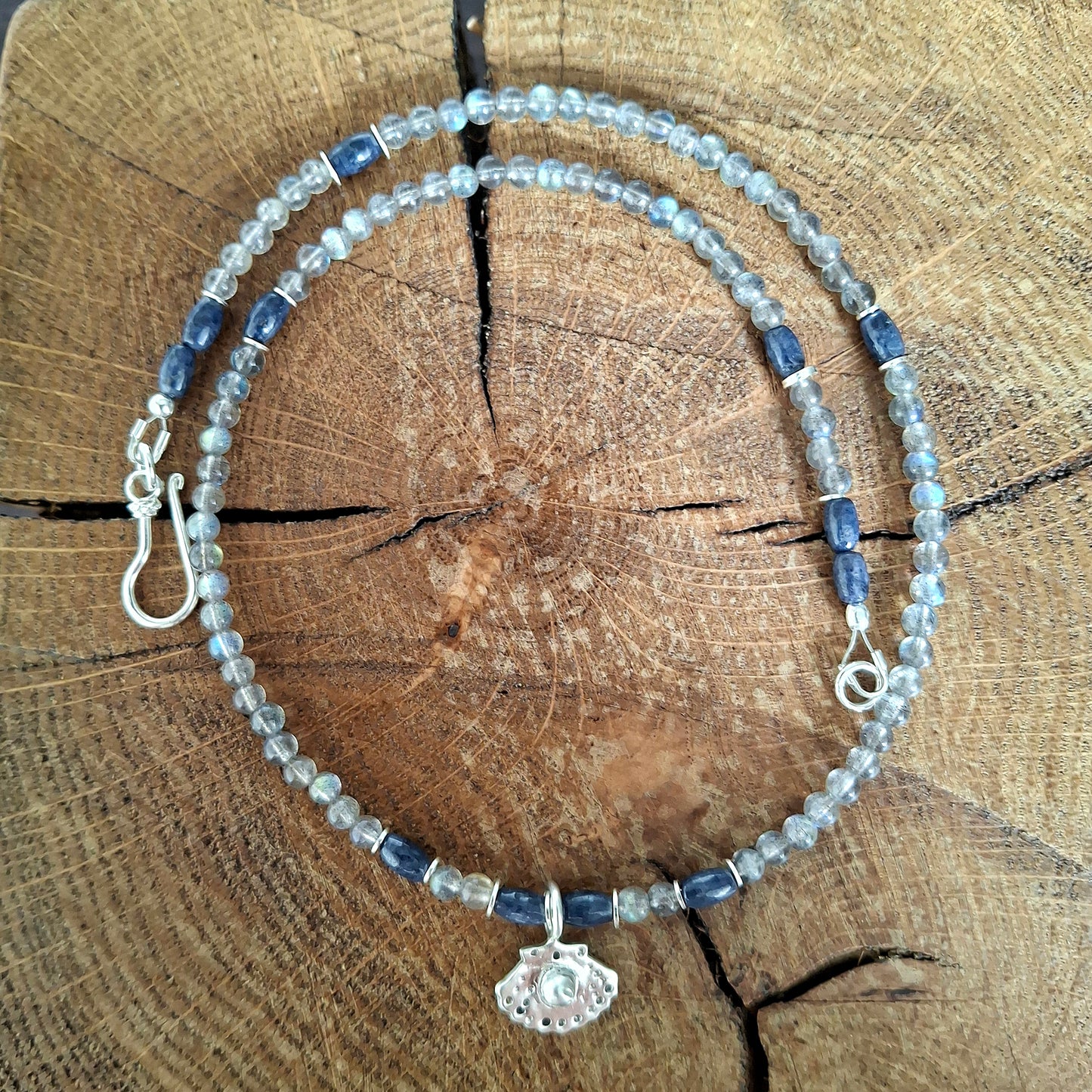 Labradorite and Lapis Lazuli Necklace with Silver Shell Pendant
