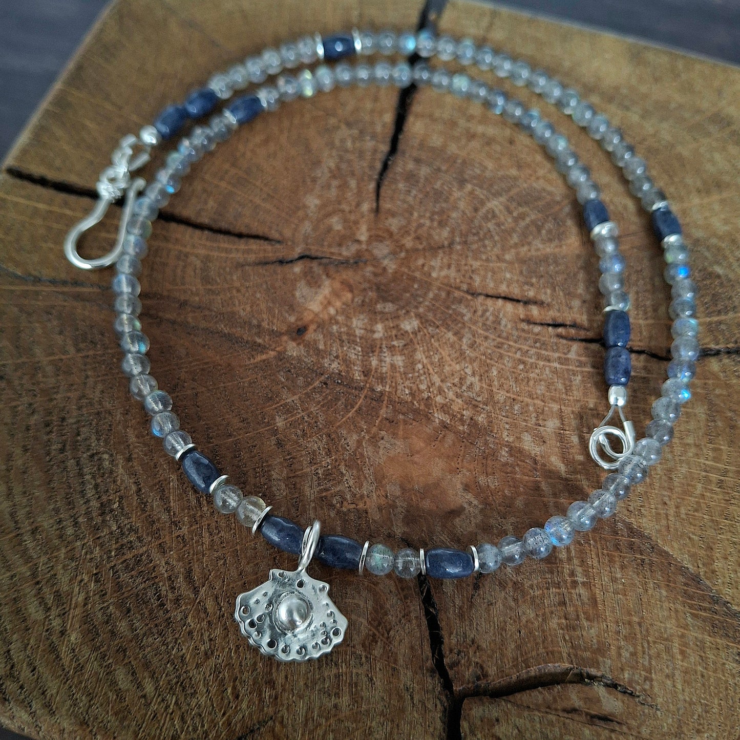 Labradorite and Lapis Lazuli Necklace with Silver Shell Pendant