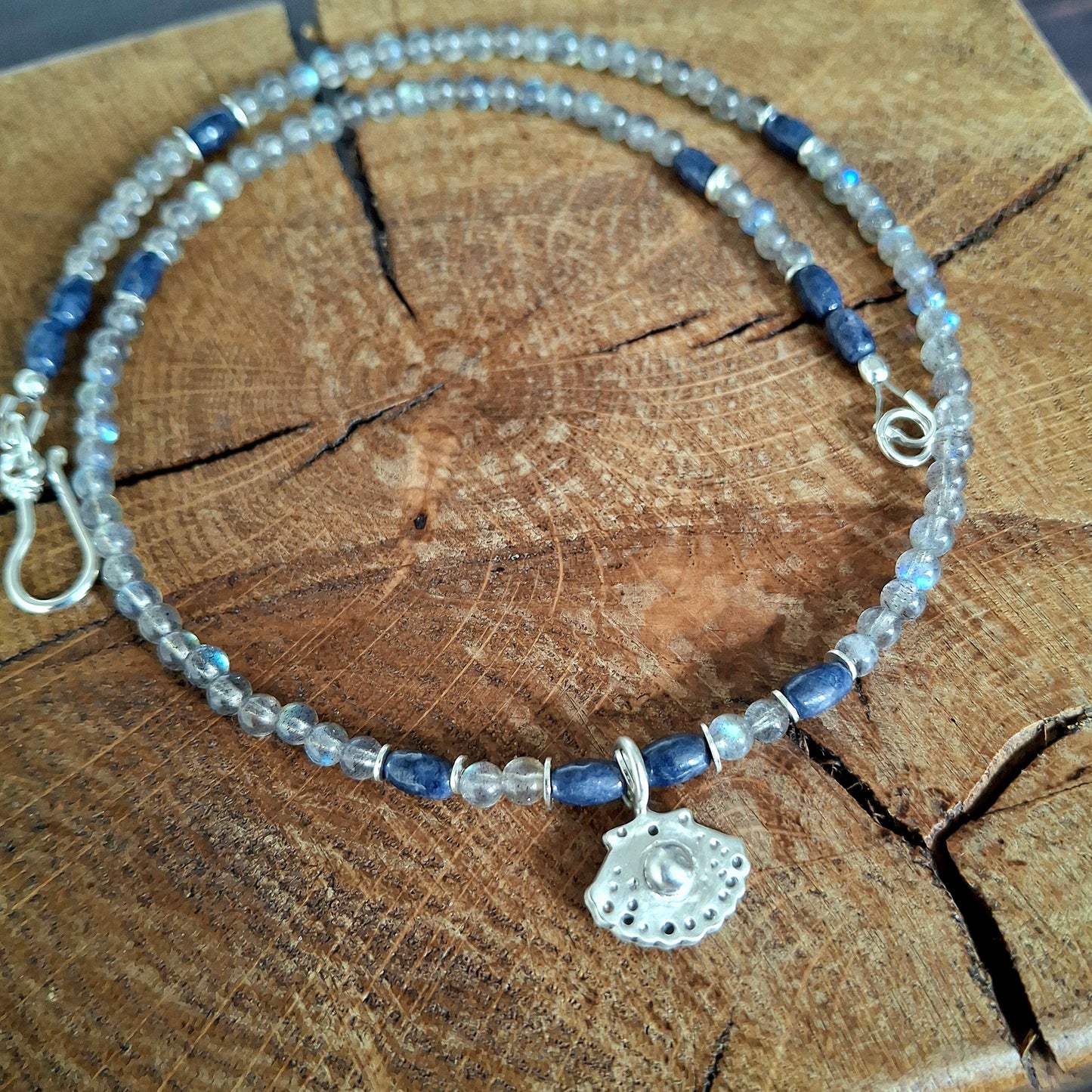 Labradorite and Lapis Lazuli Necklace with Silver Shell Pendant
