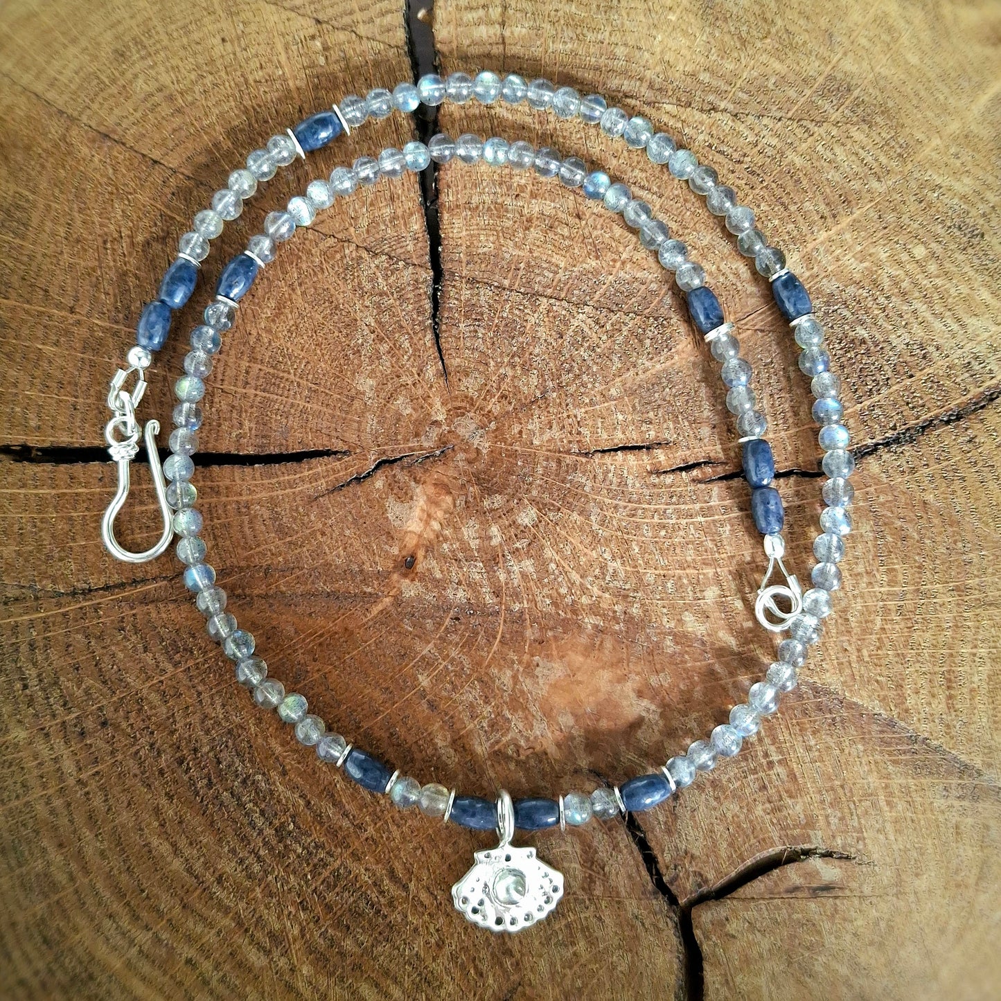 Labradorite and Lapis Lazuli Necklace with Silver Shell Pendant