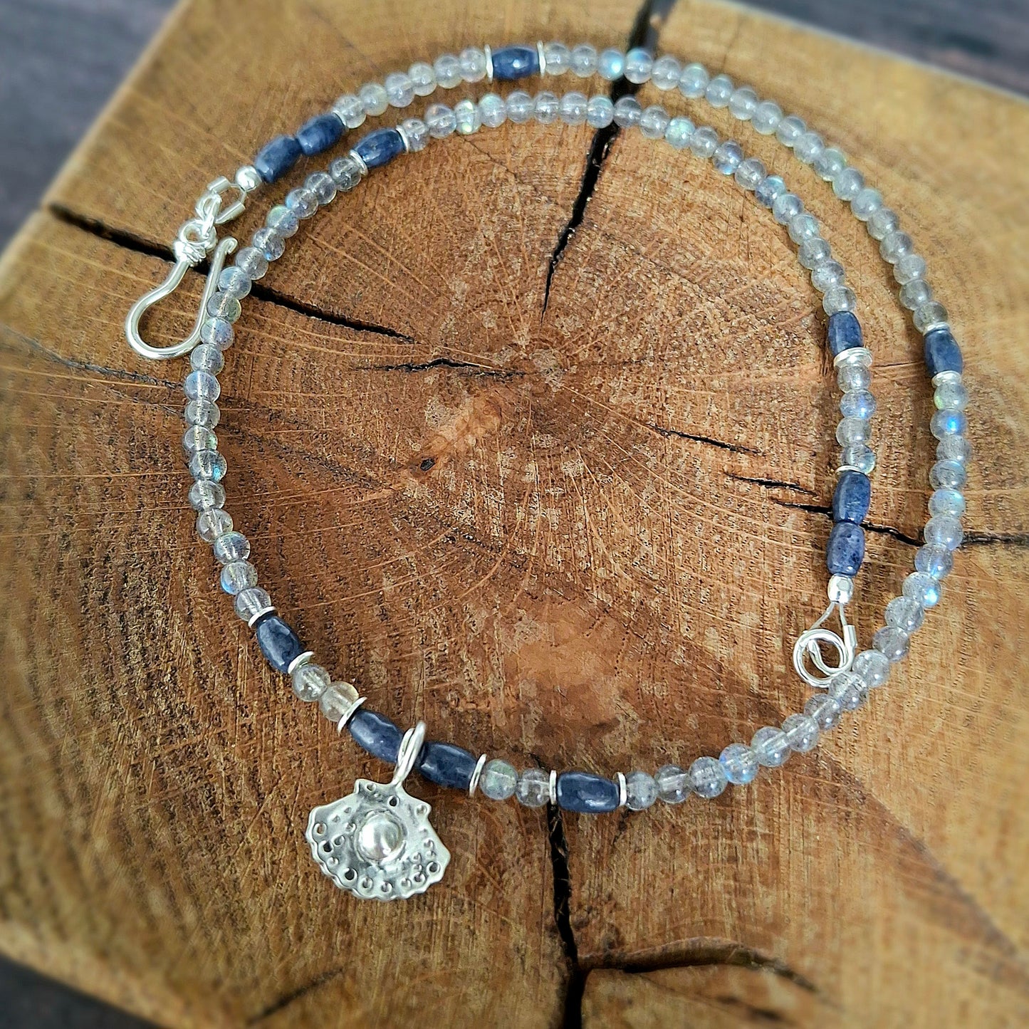 Labradorite and Lapis Lazuli Necklace with Silver Shell Pendant
