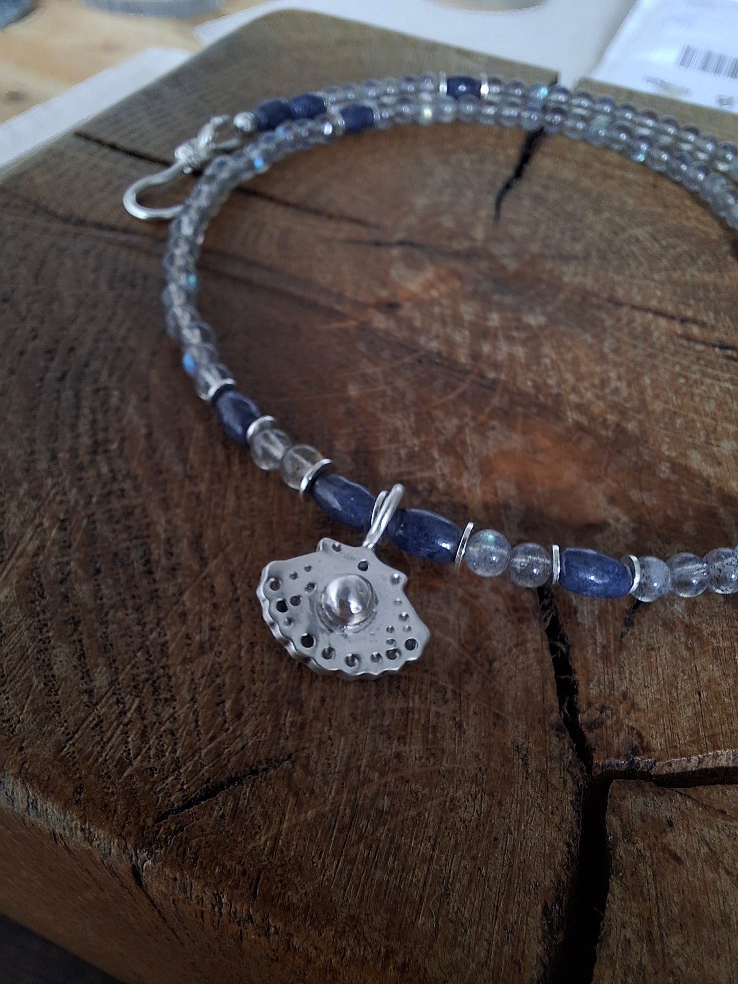 Labradorite and Lapis Lazuli Necklace with Silver Shell Pendant