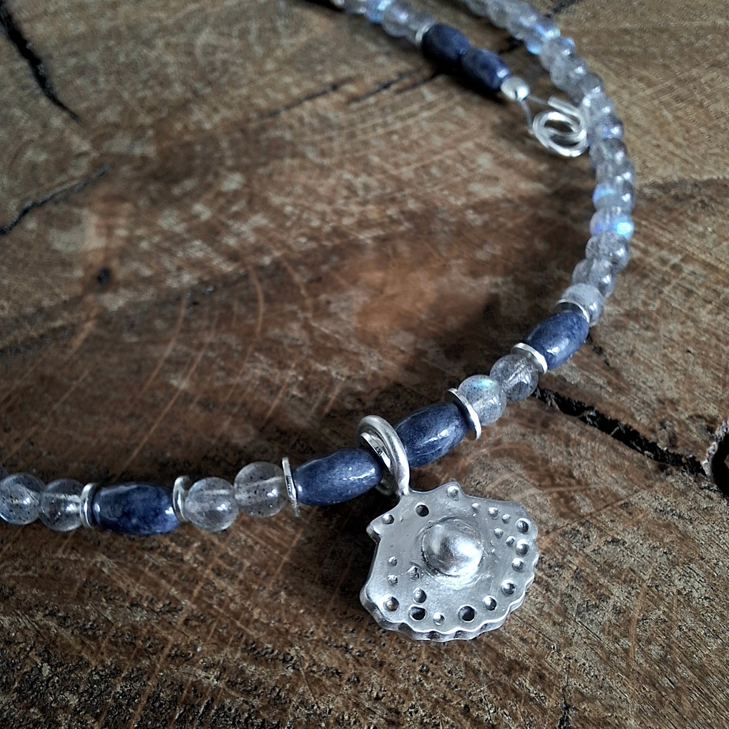 Labradorite and Lapis Lazuli Necklace with Silver Shell Pendant