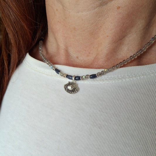 Labradorite and Lapis Lazuli Necklace with Silver Shell Pendant