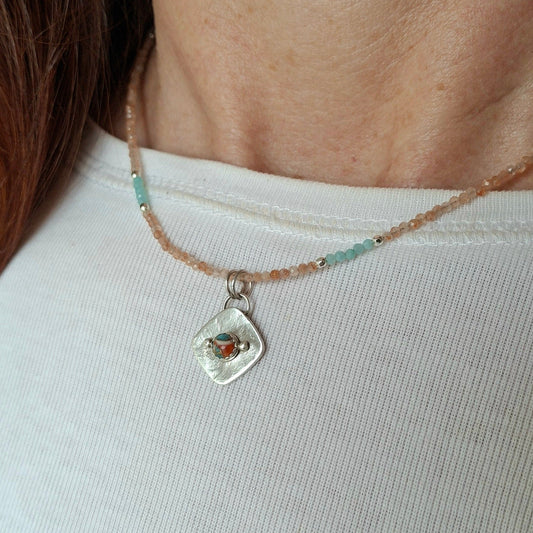 Beaded Sunstone and Amazonite Necklace with Turquoise Silver Pendant