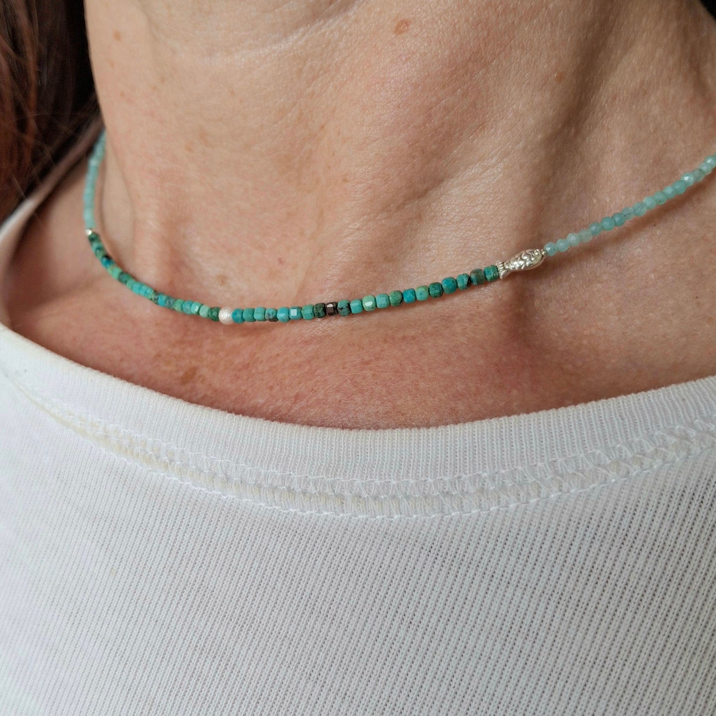 Chrysocolla and Amazonite Necklace with Silver Fish
