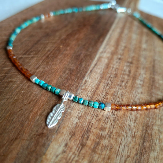 Chrysocolla and Hessonite Garnet Silver Feather Necklace
