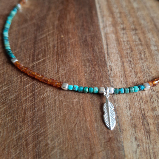 Chrysocolla and Hessonite Garnet Silver Feather Necklace
