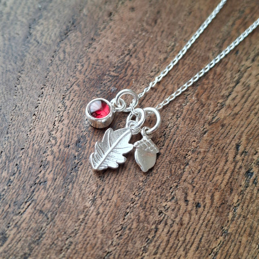 Small Oak Leaf, Acorn & Garnet Silver Necklace