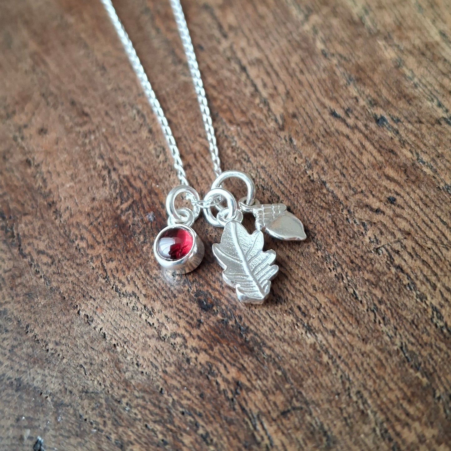 Small Oak Leaf, Acorn & Garnet Silver Necklace