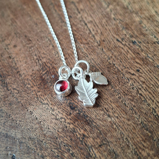 Small Oak Leaf, Acorn & Garnet Silver Necklace