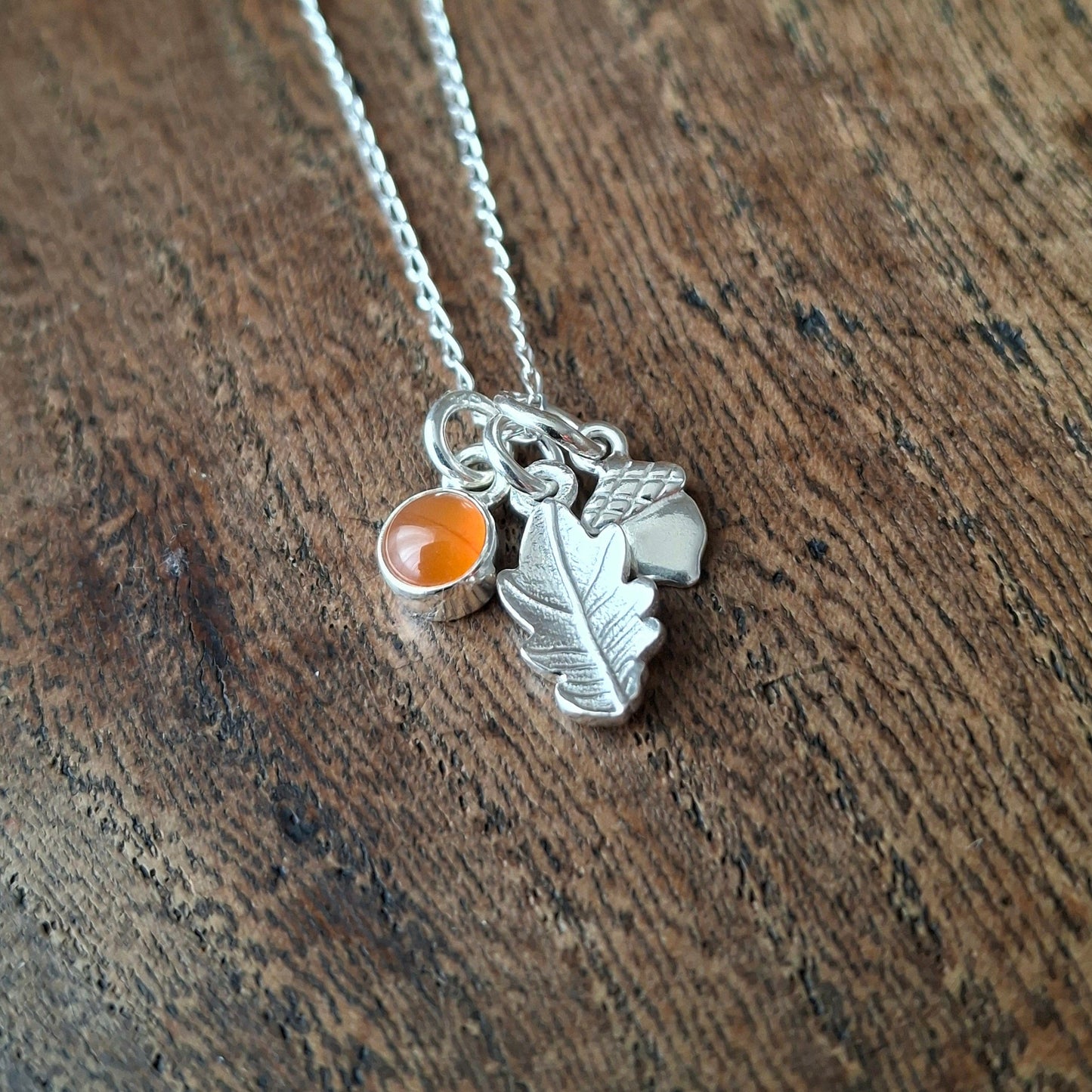 Small Oak Leaf, Acorn & Carnelian Silver Necklace