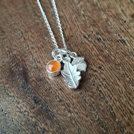 Small Oak Leaf, Acorn & Carnelian Silver Necklace