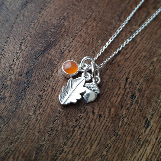 Small Oak Leaf, Acorn & Carnelian Silver Necklace