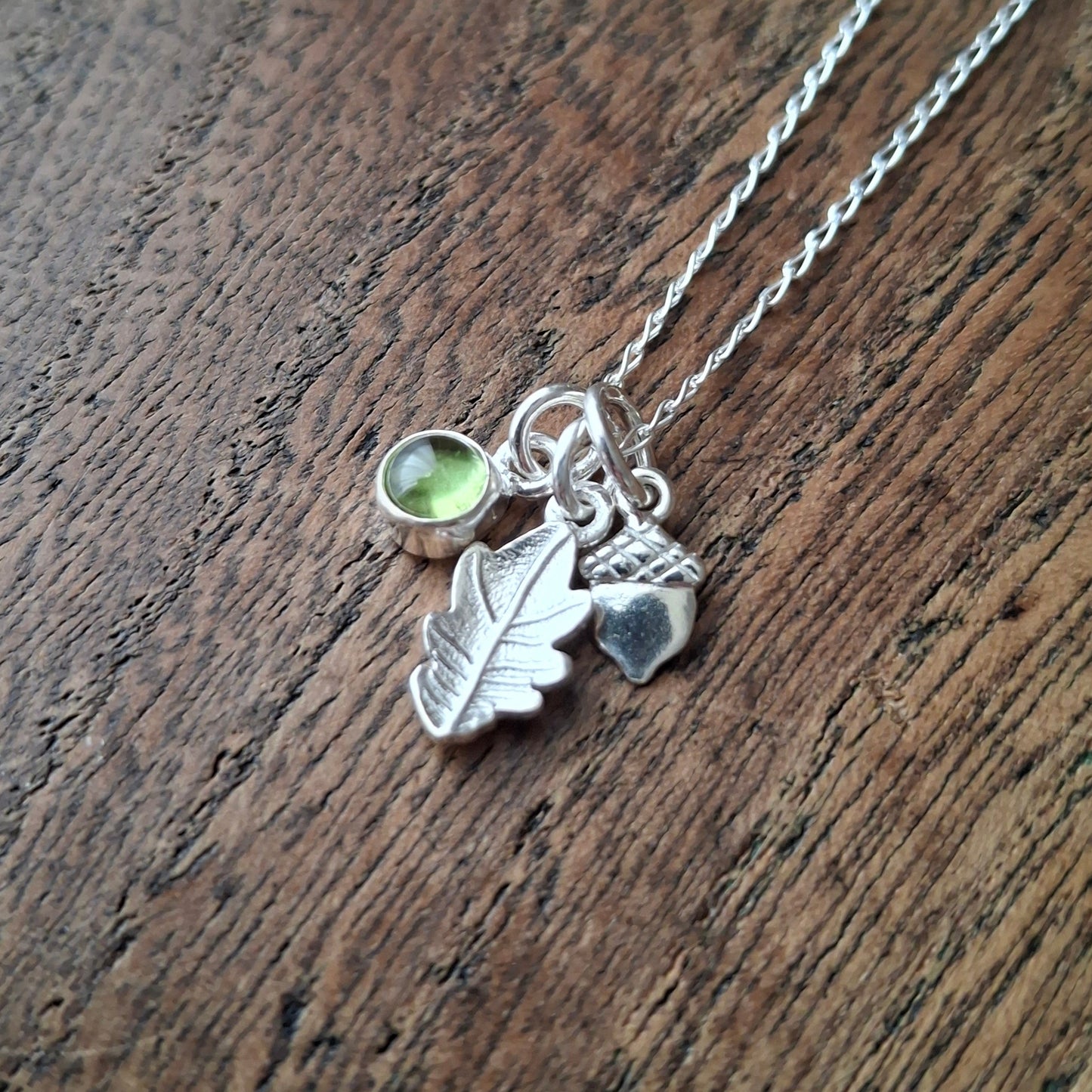Small Oak Leaf, Acorn & Peridot Silver Necklace