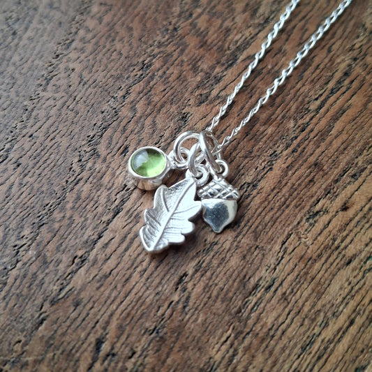 Small Oak Leaf, Acorn & Peridot Silver Necklace