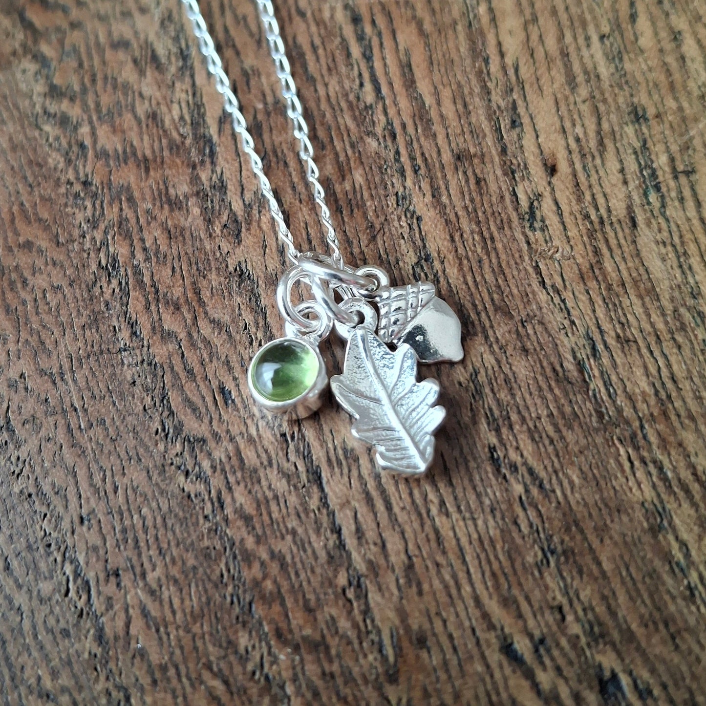 Small Oak Leaf, Acorn & Peridot Silver Necklace