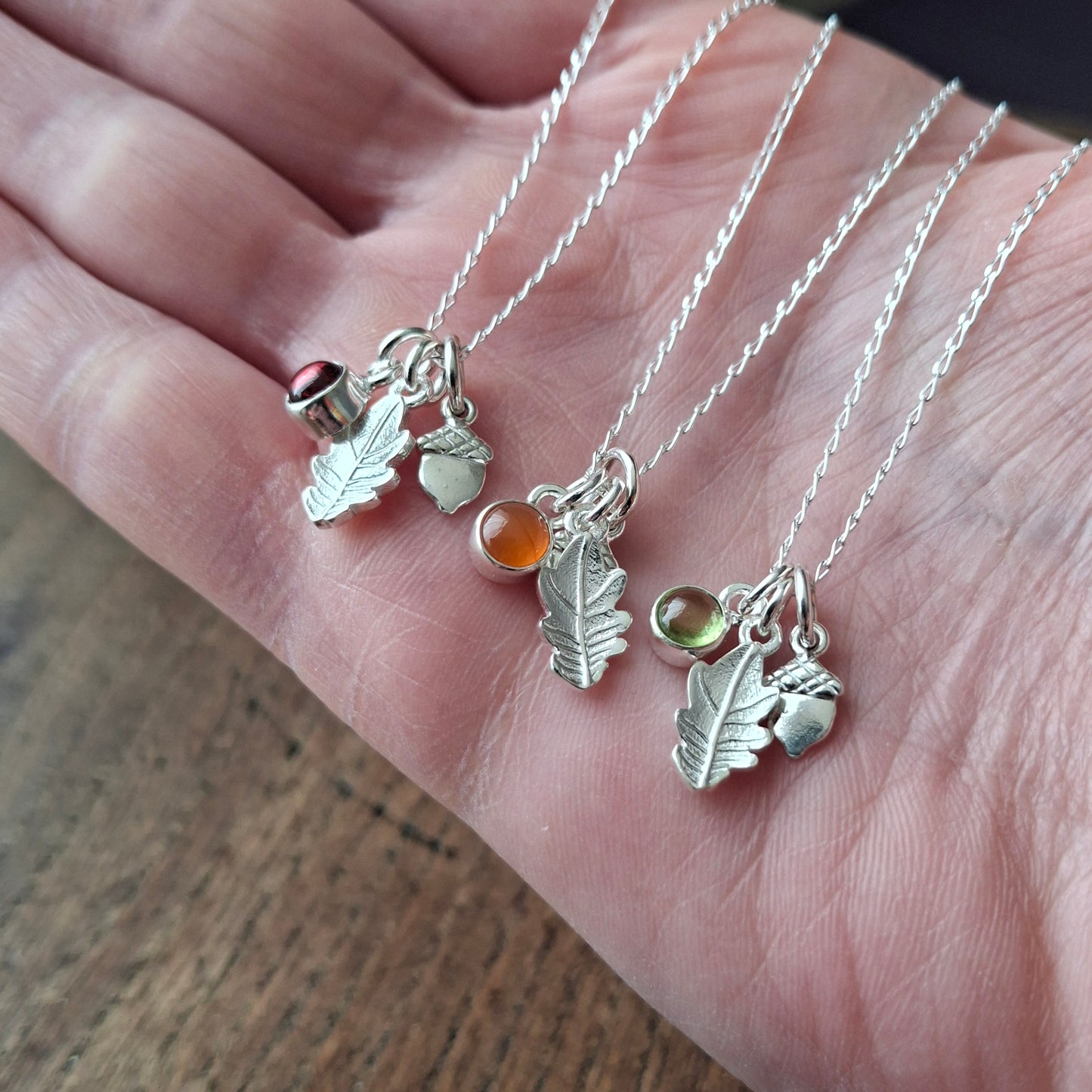 Small Oak Leaf, Acorn & Carnelian Silver Necklace
